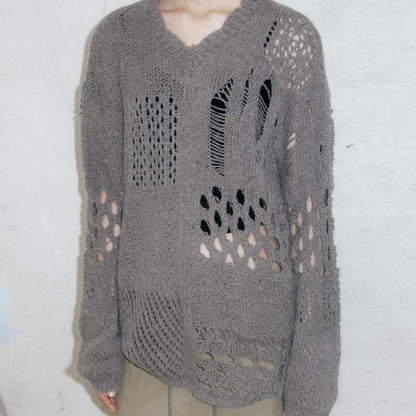 V-Neck Distressed Pointelle Sweater