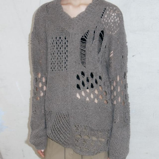 V-Neck Distressed Pointelle Sweater