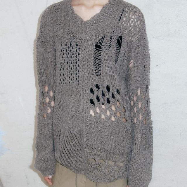 V-Neck Distressed Pointelle Sweater