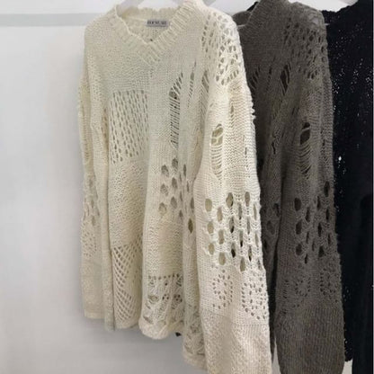 V-Neck Distressed Pointelle Sweater