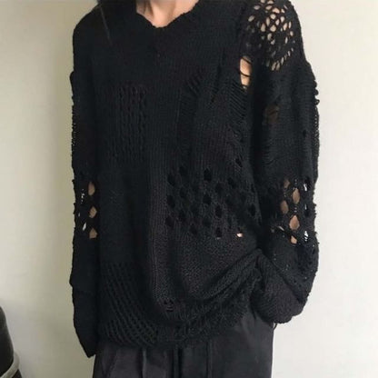 V-Neck Distressed Pointelle Sweater