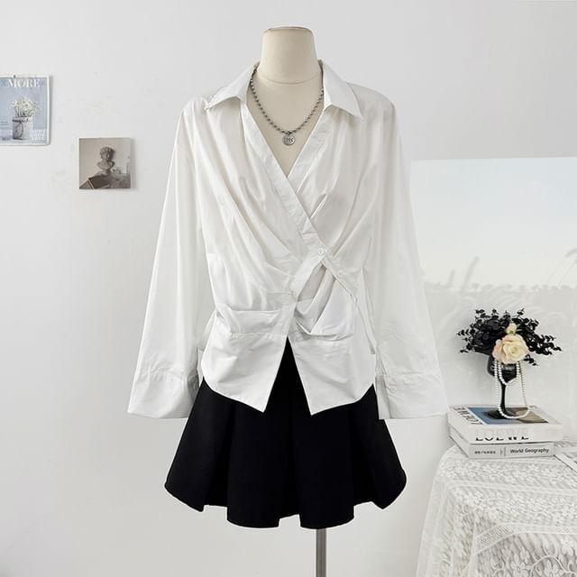 Asymmetrical Wrap Striped Shirt with Long Sleeves