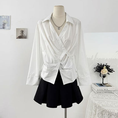 Asymmetrical Wrap Striped Shirt with Long Sleeves