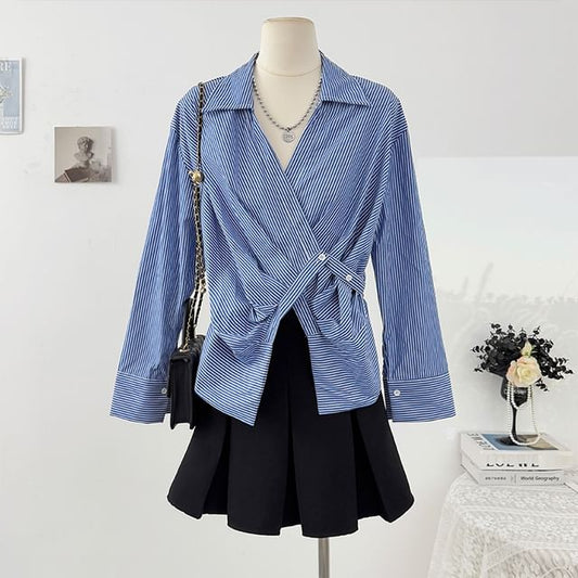 Asymmetrical Wrap Striped Shirt with Long Sleeves