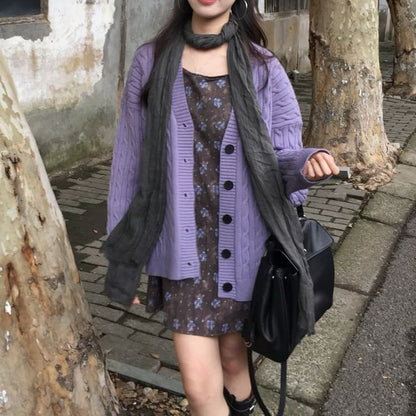 V-Neck Plain Cable Knit Cardigan