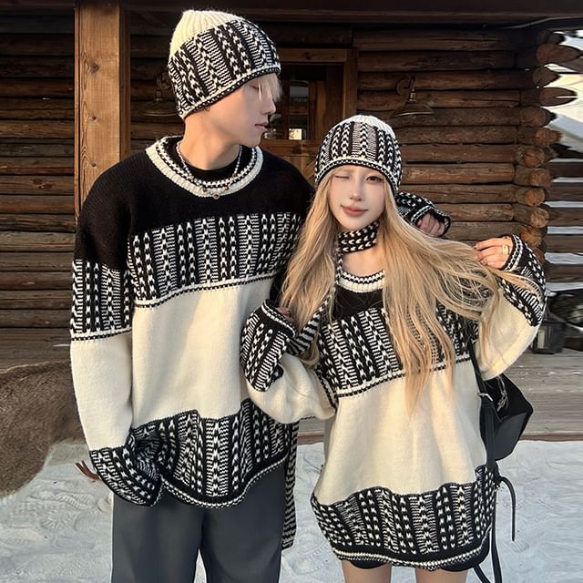 Couple Matching Round Neck Jacquard Sweater / Beanie / Scarf / Set