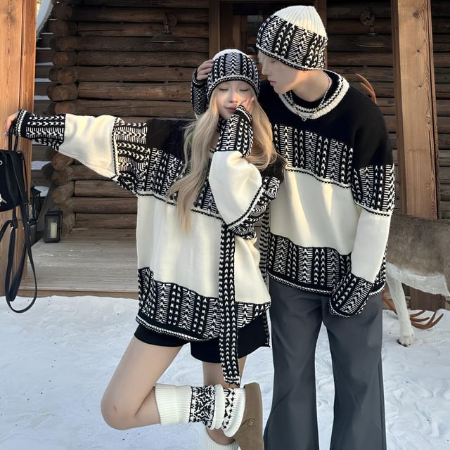 Couple Matching Round Neck Jacquard Sweater / Beanie / Scarf / Set