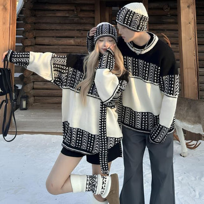 Couple Matching Round Neck Jacquard Sweater / Beanie / Scarf / Set
