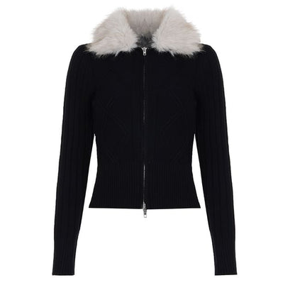 Fluffy Collar Cable Knit Cropped Zip Cardigan