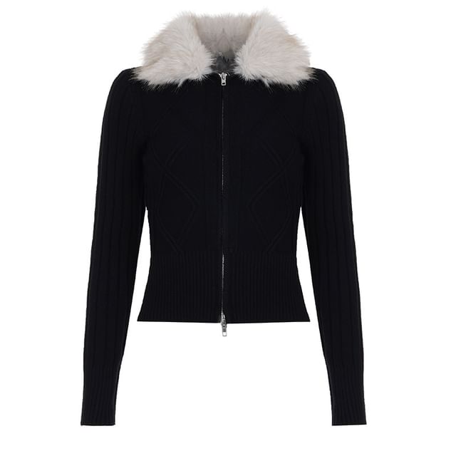 Fluffy Collar Cable Knit Cropped Zip Cardigan