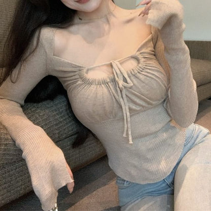 Square-Neck Long-Sleeve Basic T-Shirt