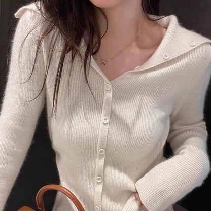 Collared Plain Ribbed Knit Button Up Cardigan