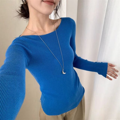 Ribbed Boat-Neck Long-Sleeve Knit Top