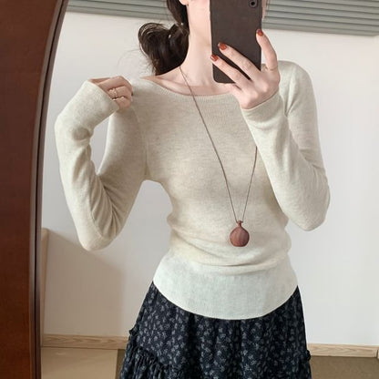 Ribbed Boat-Neck Long-Sleeve Knit Top