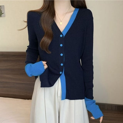 V-Neck Contrast Trim Button Up Cardigan
