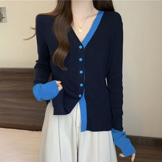V-Neck Contrast Trim Button Up Cardigan
