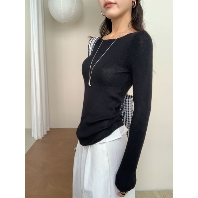 Ribbed Boat-Neck Long-Sleeve Knit Top