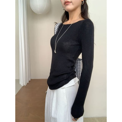 Ribbed Boat-Neck Long-Sleeve Knit Top
