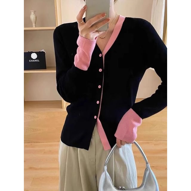 V-Neck Contrast Trim Button Up Cardigan