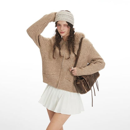 Long Sleeve Faux Fur-Trim Hooded Ribbed-Knit Zip-Up Cardigan