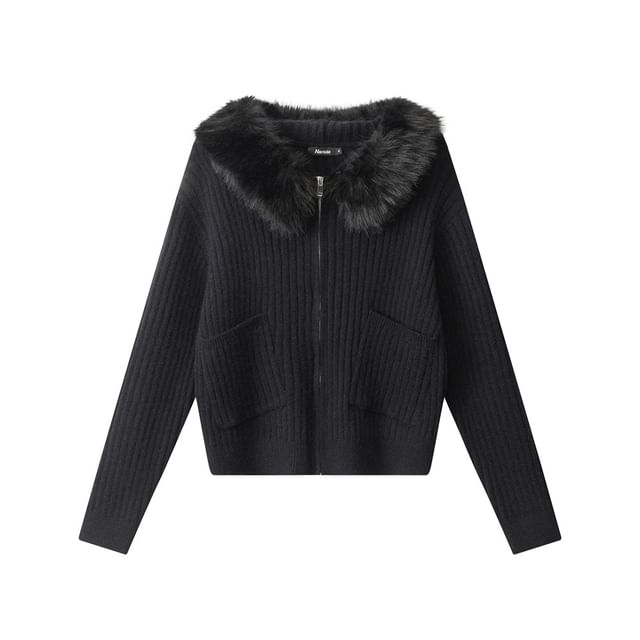 Long Sleeve Faux Fur-Trim Hooded Ribbed-Knit Zip-Up Cardigan