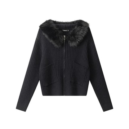 Long Sleeve Faux Fur-Trim Hooded Ribbed-Knit Zip-Up Cardigan