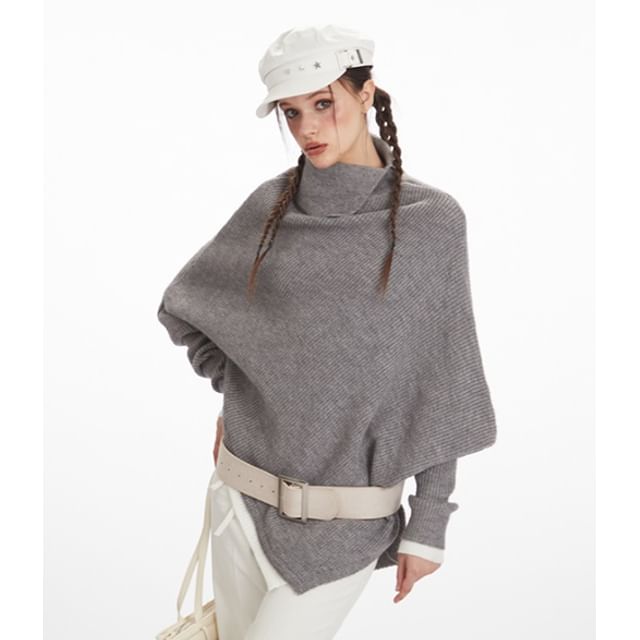 Asymmetrical Mock-Neck Solid Knit Sweater