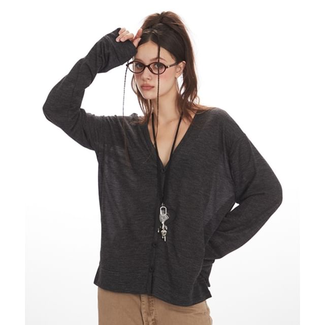 V-Neck Button-Up Plain Cardigan