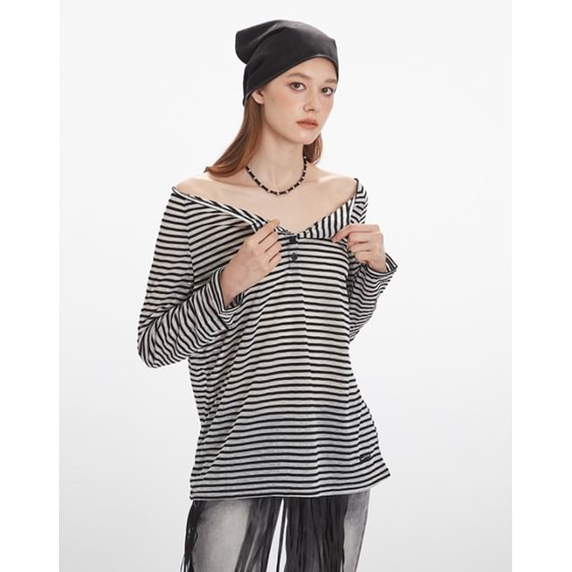 Off-Shoulder Striped Long-Sleeve Top