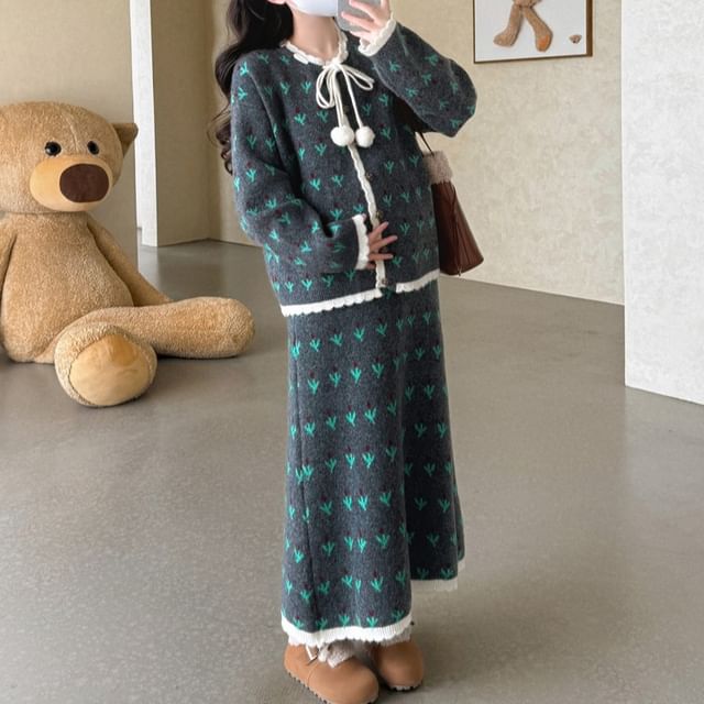 Set: Jacquard Button-Up Cardigan + High Waist Maxi A-Line Skirt