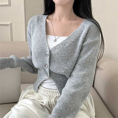 V-Neck Plain Button Up Crop Cardigan