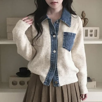 Collared Denim Panel Button Up Knit Jacket