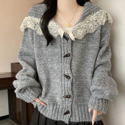 Collared Plain Lace Trim Toggle Cardigan