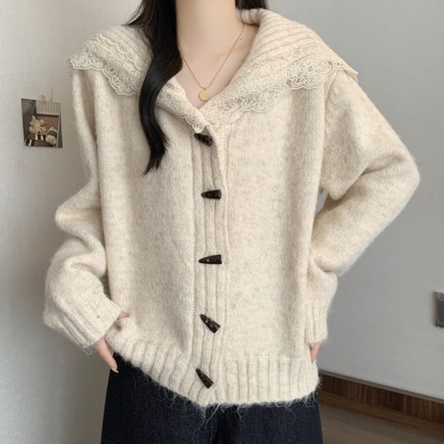Collared Plain Lace Trim Toggle Cardigan
