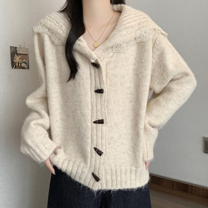 Collared Plain Lace Trim Toggle Cardigan