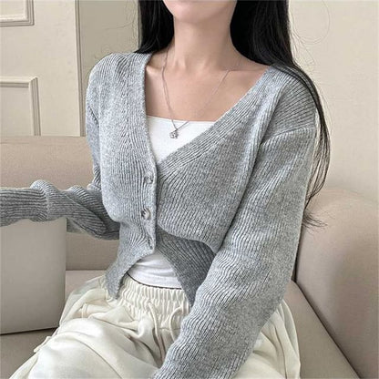 V-Neck Plain Button Up Crop Cardigan