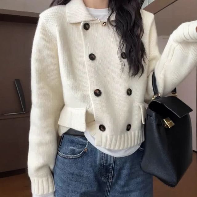 Collared Plain Double Breasted Cardigan