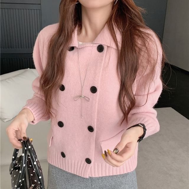 Collared Plain Double Breasted Cardigan