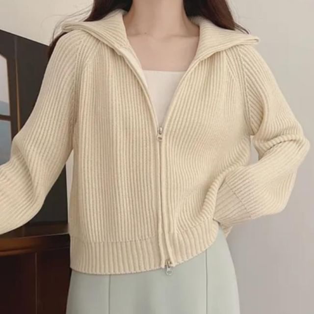 Turtleneck Plain Cable Knit Zip Cardigan