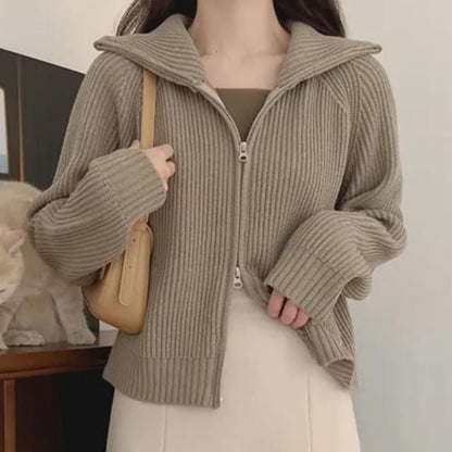 Turtleneck Plain Cable Knit Zip Cardigan