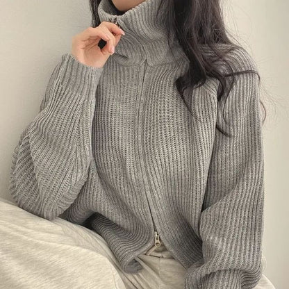 Turtleneck Plain Cable Knit Zip Cardigan