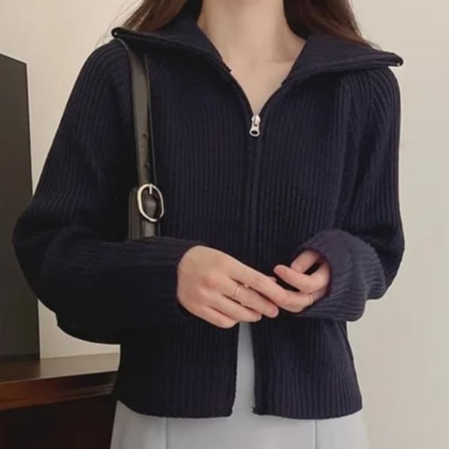 Turtleneck Plain Cable Knit Zip Cardigan
