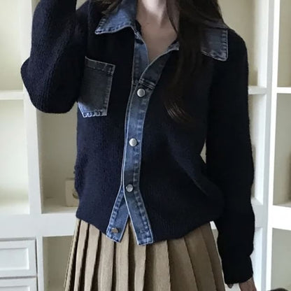 Collared Denim Panel Button Up Knit Jacket