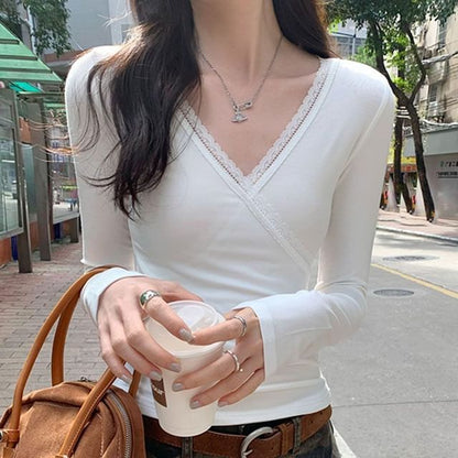 Lace-Trim V-Neck Wrap Long-Sleeve Top