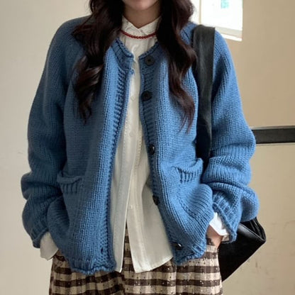 Crewneck Button-Up Plain Cardigan