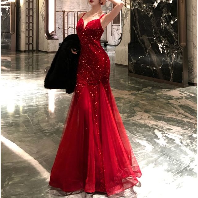 Sleeveless Sweetheart Neckline Glitter Mermaid Evening Gown