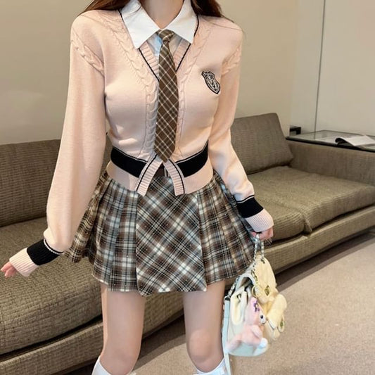 Set: Mock Two-Piece Collared Cardigan + Plaid Tie