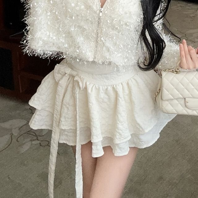 V-Neck Furry Zip-Up Crop Cardigan / Mini Tiered Skirt