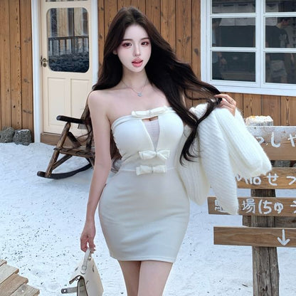 Balloon-Sleeve Plain Cardigan / Strapless Mini Bodycon Dress