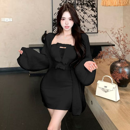 Balloon-Sleeve Plain Cardigan / Strapless Mini Bodycon Dress